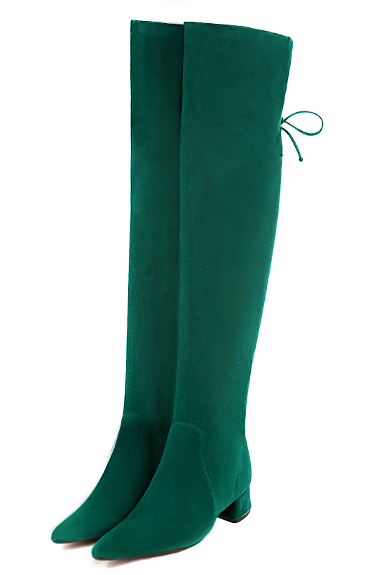 Emerald green women's leather thigh-high boots. Tapered toe. Low flare heels. Made to measure. Front view - Florence KOOIJMAN
